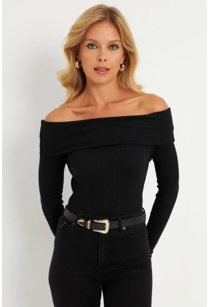 Kadın Siyah Madonna Yaka Kaşkorse Bluz XL2210