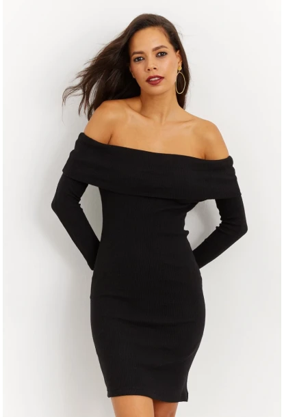 Kadın Siyah Madonna Yaka Kaşkorse Elbise CG272