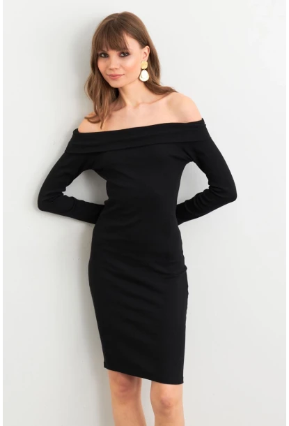 Kadın Siyah Madonna Yaka Kaşkorse Midi Elbise ALB3690