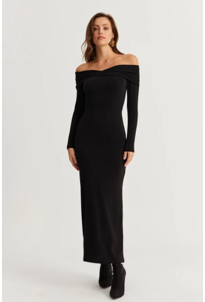 Kadın Siyah Madonna Yaka Maxi Elbise DMR391