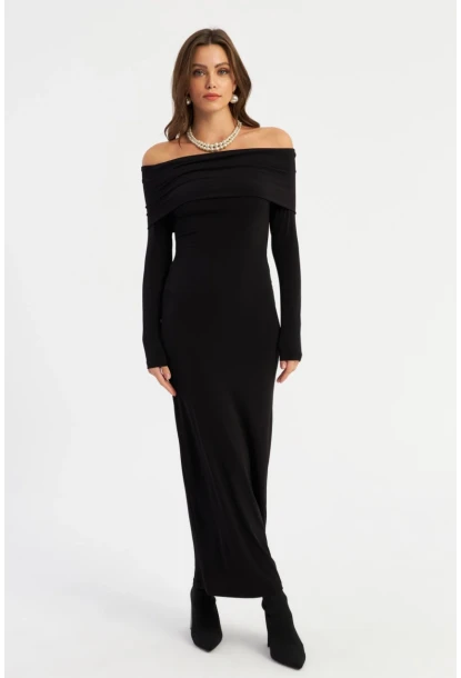 Kadın Siyah Madonna Yaka Maxi Elbise LİK10