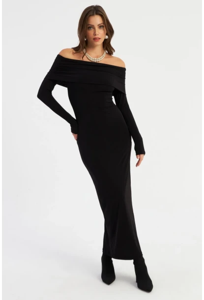 Kadın Siyah Madonna Yaka Maxi Elbise LİK10