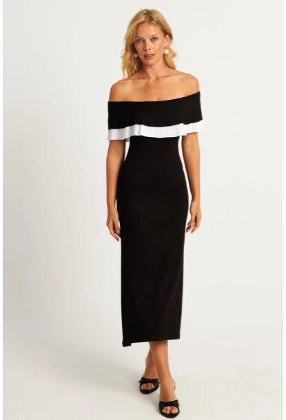 Kadın Siyah Madonna Yaka Midi Elbise EY2840