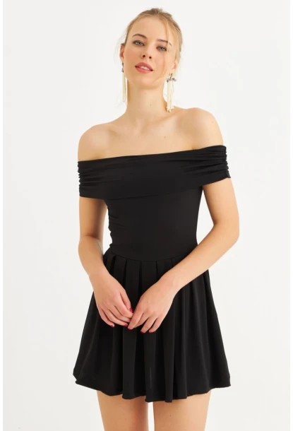 Kadın Siyah Madonna Yaka Midi Elbise MON1262-1