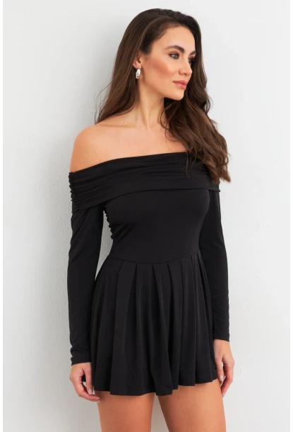 Kadın Siyah Madonna Yaka Midi Elbise MON1262