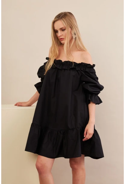 Kadın Siyah Madonna Yaka Midi Elbise PSG1012