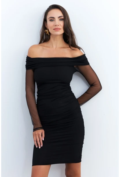 Kadın Siyah Madonna Yaka Midi Tül Yılbaşı Elbise ELT4033