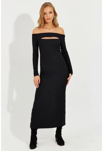 Kadın Siyah Madonna Yaka Pencereli Midi Elbise RMZ21163