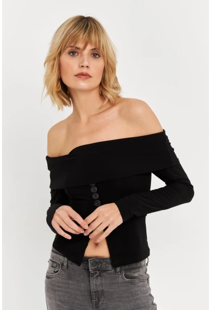 Kadın Siyah Madonna Yaka Yırtmaçlı Crop Bluz ELT4034