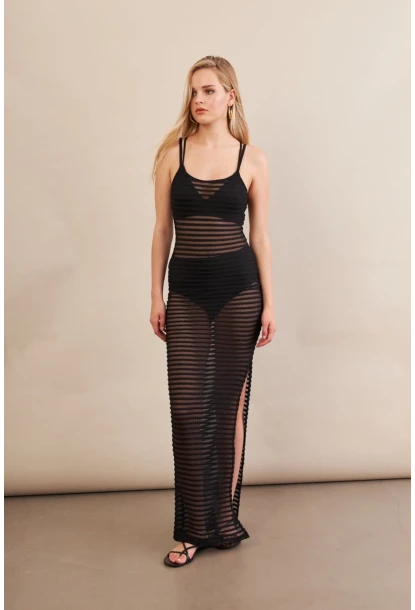 Kadın Siyah Maxi Tül Plaj Elbisesi DCF051