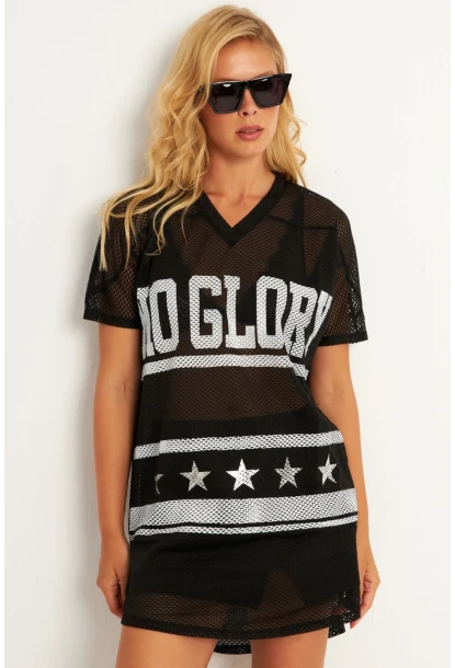 Kadın Siyah Mini File Baskılı Elbise TH1112