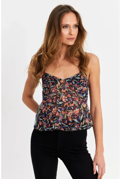 Kadın Siyah-Mor Desenli Tül Crop Bluz SB309