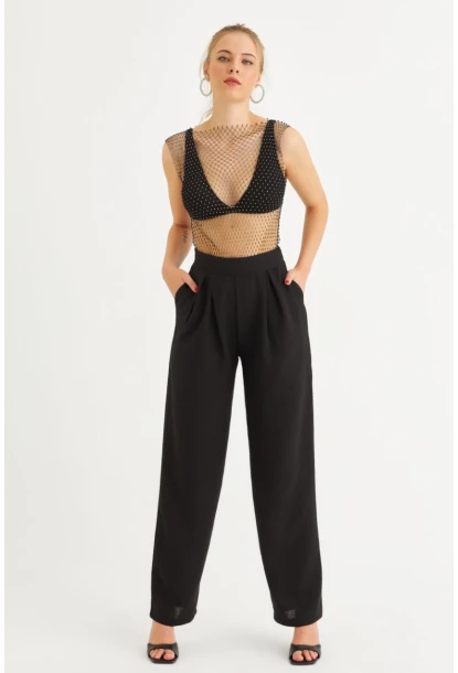 Kadın Siyah Muslin Cepli Pantolon RSP5003