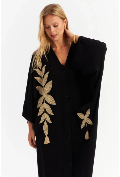 Kadın Siyah Nakışlı Cepli Maxi Elbise MALO13