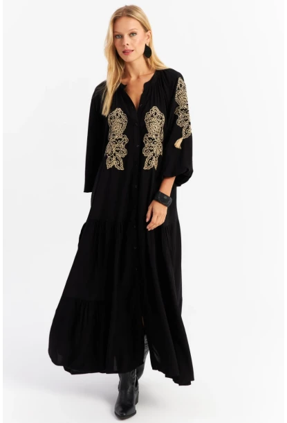 Kadın Siyah Nakışlı Volanlı Maxi Elbise MALO7