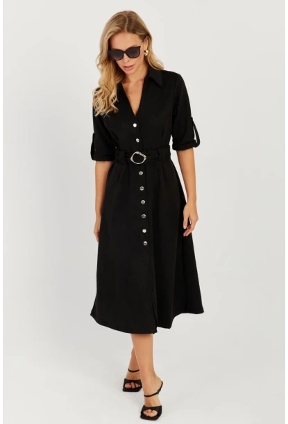 Kadın Siyah Nubuk Midi Gömlek Elbise KED4023