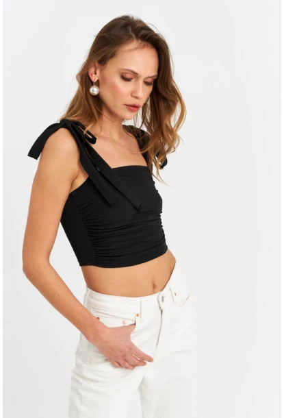 Kadın Siyah Omuz Bağlamalı Crop Bluz B5023-90