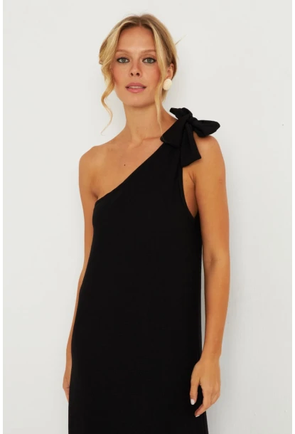 Kadın Siyah Omuz Fiyonklu Bürümcük Midi Elbise EY2800