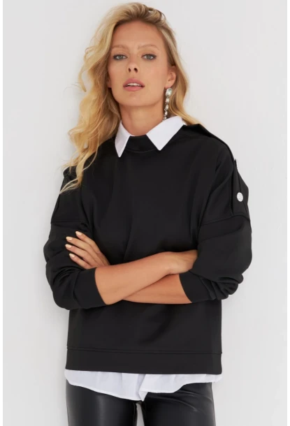 Kadın Siyah Omuz Taşlı Dalgıç Sweatshirt ST824