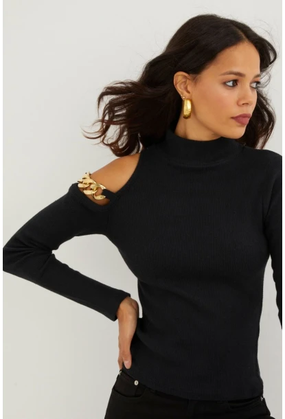 Kadın Siyah Omuzları Açık Zincirli Triko Bluz SF2005