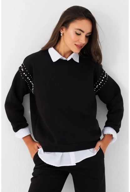 Kadın Siyah Omuzları İnci Detaylı Sweatshirt DY1424