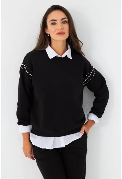 Kadın Siyah Omuzları İnci Detaylı Sweatshirt DY1424