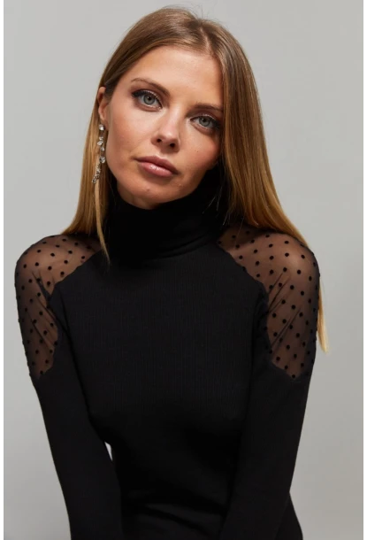 Kadın Siyah Omuzları Puantiyeli Tül Bluz EY1098