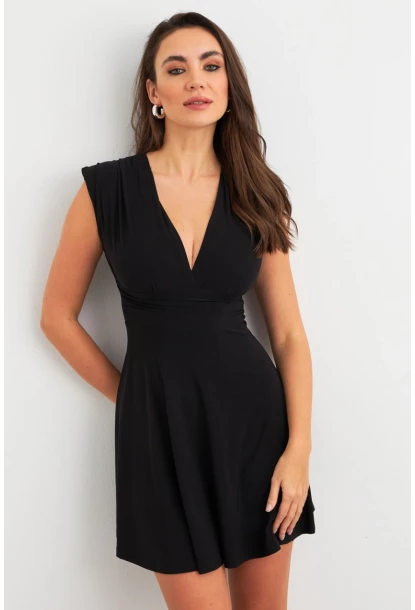 Kadın Siyah Omuzları Vatkalı Kruvaze Mini Elbise ELT3678