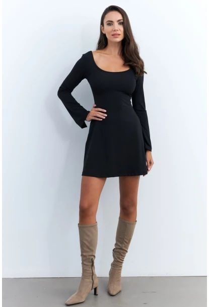 Kadın Siyah Ön Arka U Mini Elbise DMR400