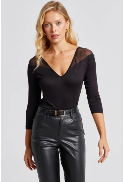 Kadın Siyah Ön Arka V Tül Detaylı Bluz Yİ2502