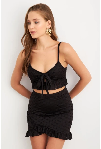 Kadın Siyah Önü Bağlamalı Mini Etekli Takım LİT1088