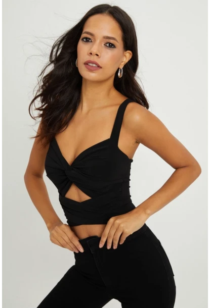 Kadın Siyah Önü Büzgülü Crop Bluz B189