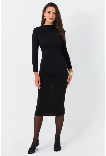 Kadın Siyah Önü Büzgülü Midi Elbise FRY2260