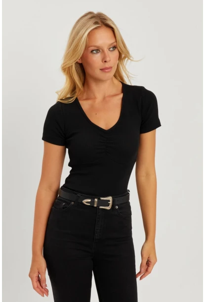 Kadın Siyah Önü Büzgülü V Yaka Bluz AYD309