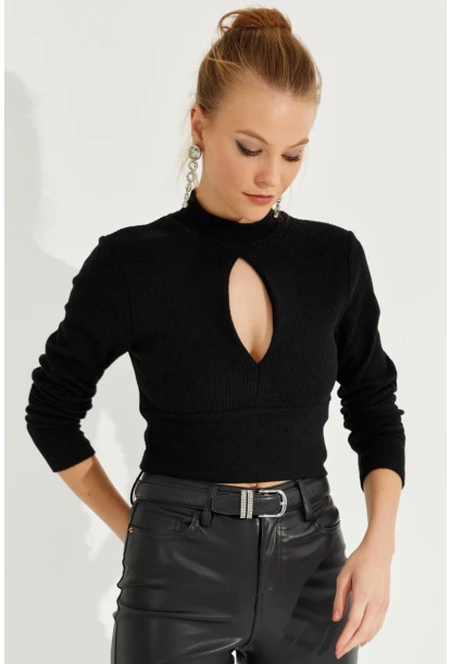 Kadın Siyah Önü Damla Crop Bluz LPP1243