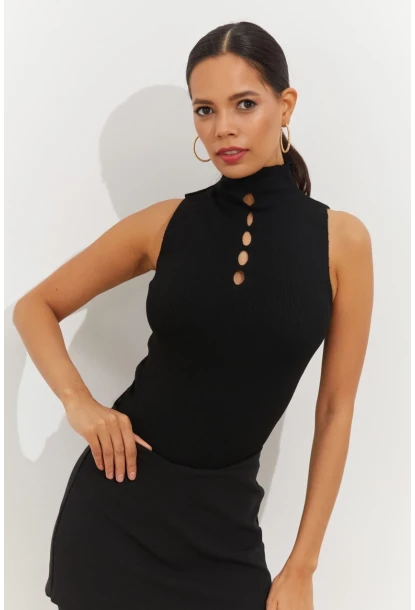 Kadın Siyah Önü Damla Kolsuz Triko Bluz YV112