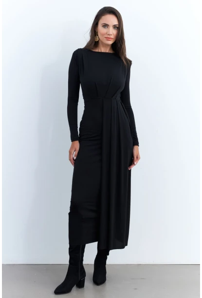 Kadın Siyah Önü Drapeli Maxi Elbise SHR5