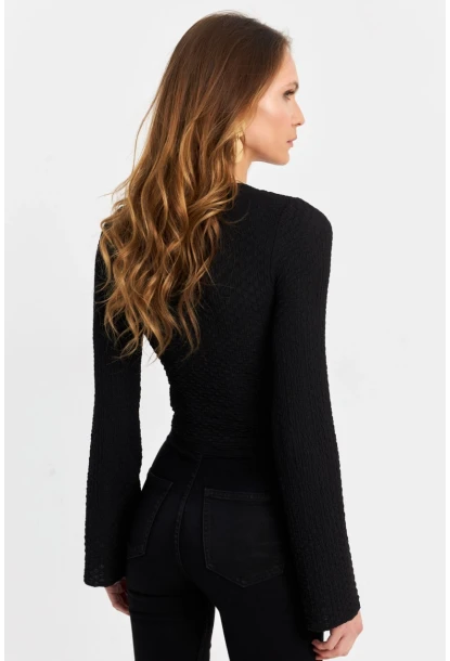 Kadın Siyah Önü Düğümlü İspanyol Kol Bluz SB353