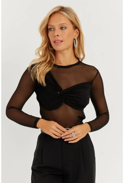 Kadın Siyah Önü Düğümlü Tül Bluz KS118
