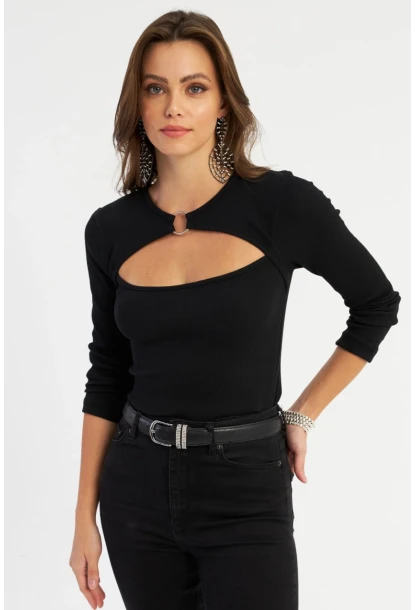 Kadın Siyah Önü Halkalı Pencereli Kaşkorse Bluz AYD382