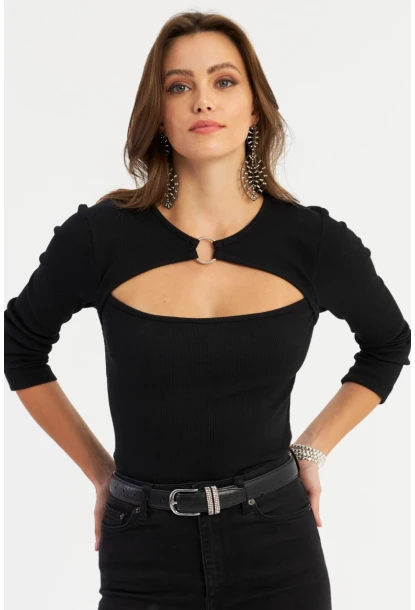 Kadın Siyah Önü Halkalı Pencereli Kaşkorse Bluz AYD382