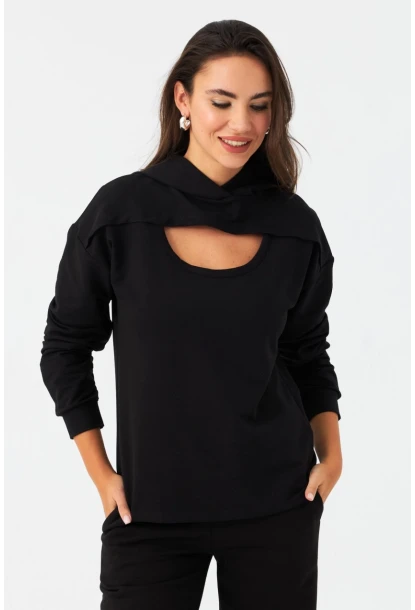 Kadın Siyah Önü Pencereli Kapüşonlu Sweatshirt TF38
