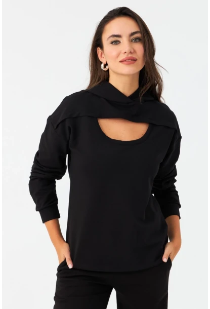 Kadın Siyah Önü Pencereli Kapüşonlu Sweatshirt TF38