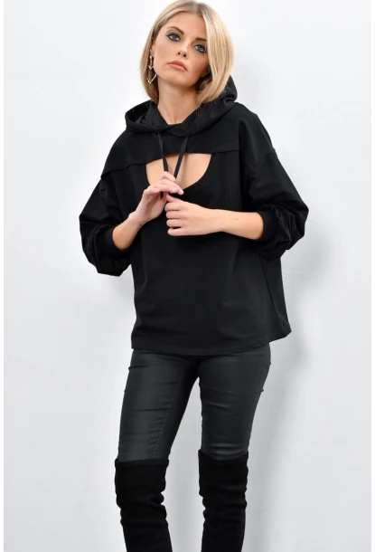 Kadın Siyah Önü Pencereli Kapüşonlu Sweatshirt Yİ1669