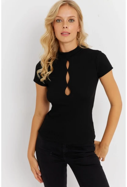 Kadın Siyah Önü Pencereli Kaşkorse Bluz EY2887