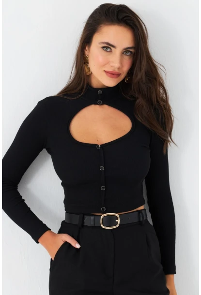 Kadın Siyah Önü Pencereli Kaşkorse Bluz EY2973