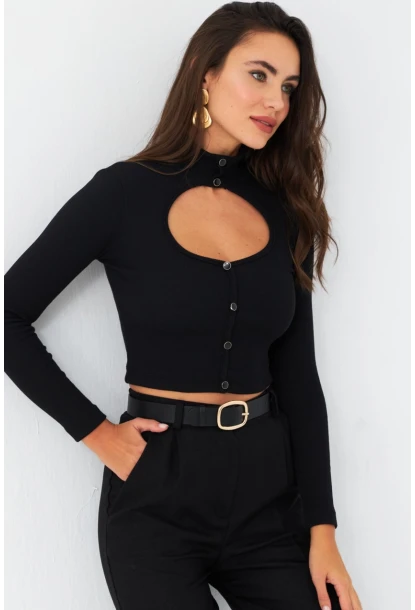 Kadın Siyah Önü Pencereli Kaşkorse Bluz EY2973