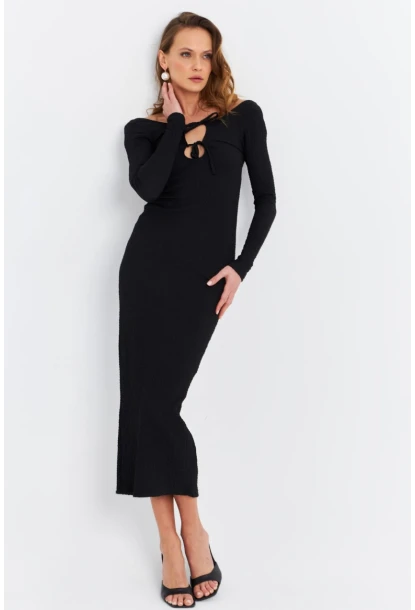 Kadın Siyah Önü Pencereli Midi  Elbise ZH09