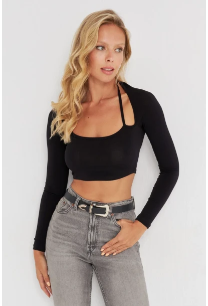 Kadın Siyah Pencereli Crop Bluz B2946