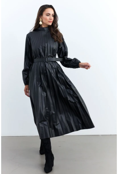 Kadın Siyah Pileli Kemerli Maxi Elbise MALZ99